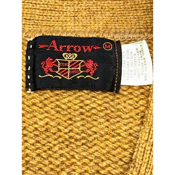 Vintage 60s Arrow Wool Cardigan Sweater Men Med Grandpa Tan Leather Cum Laude A1 - Picture 5 of 15